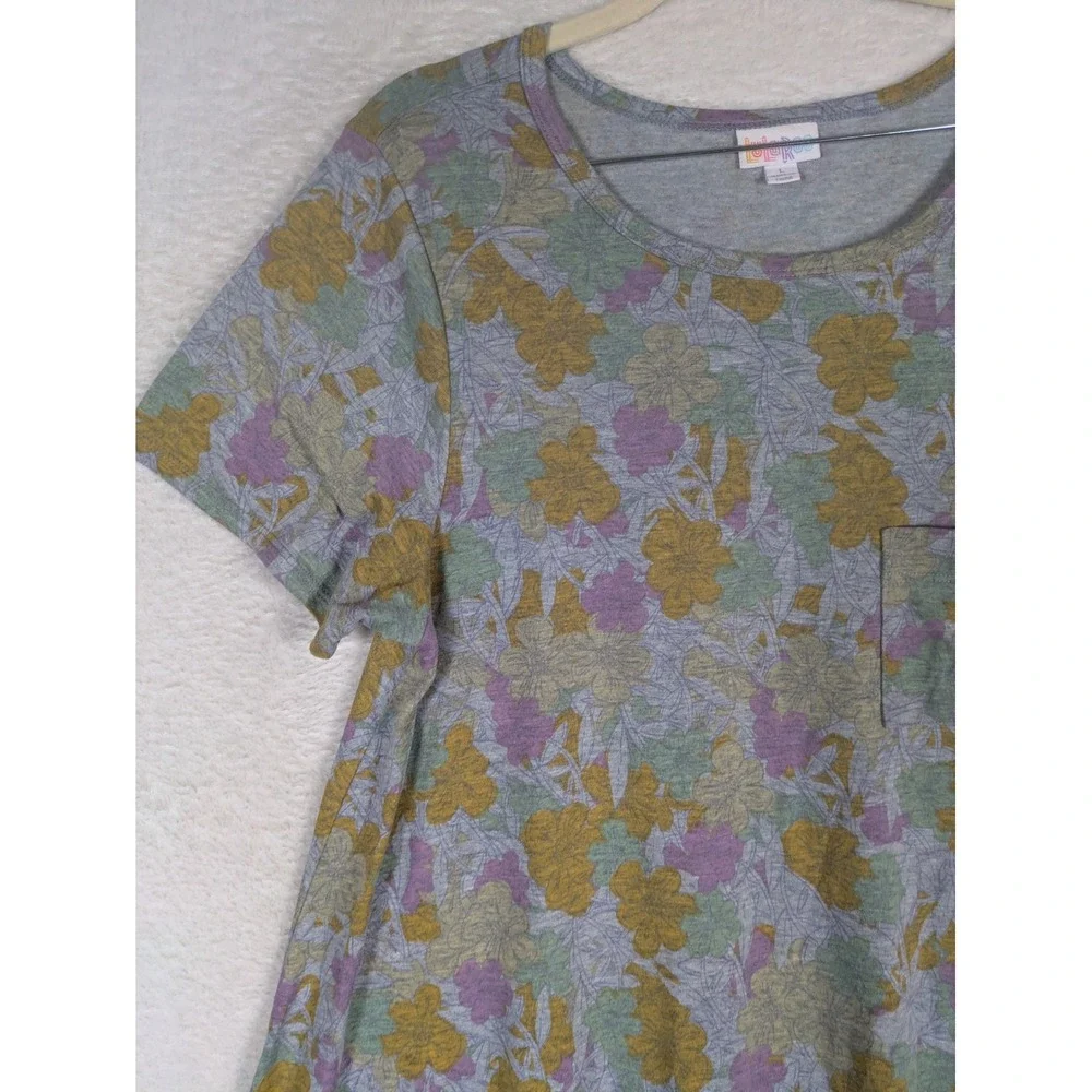 LuLaRoe Carly Dress Women's Large Gray Floral High Low Short Sleeve Pocket